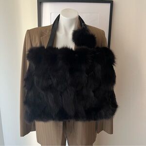 Tufted Mink Fur Shoulder Bag Dark Brown with Removable Pom Adornment Luxury EUC